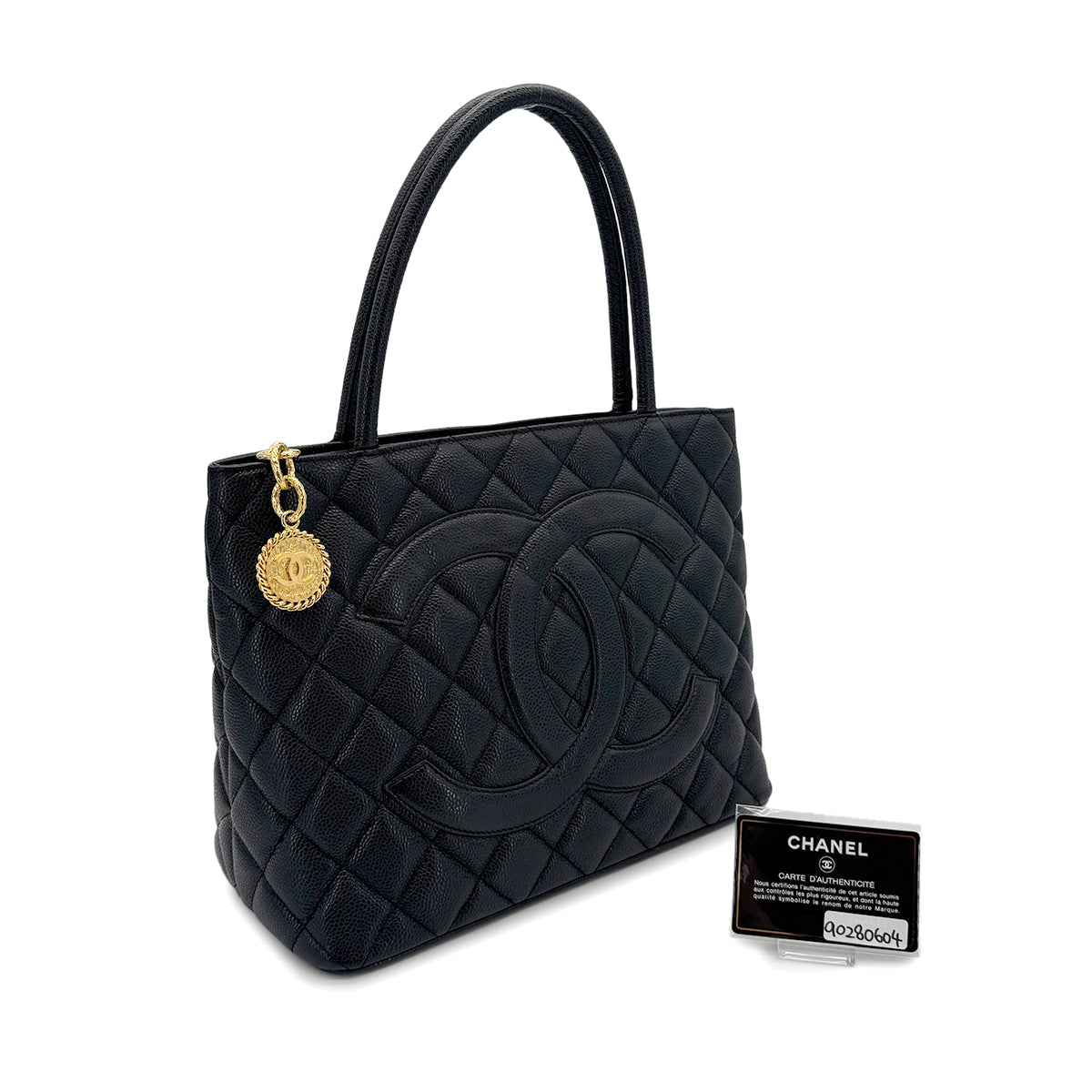 CHANEL VINTAGE MEDALLION TOTE BAG BLACK CAVIAR SKIN 90280604
