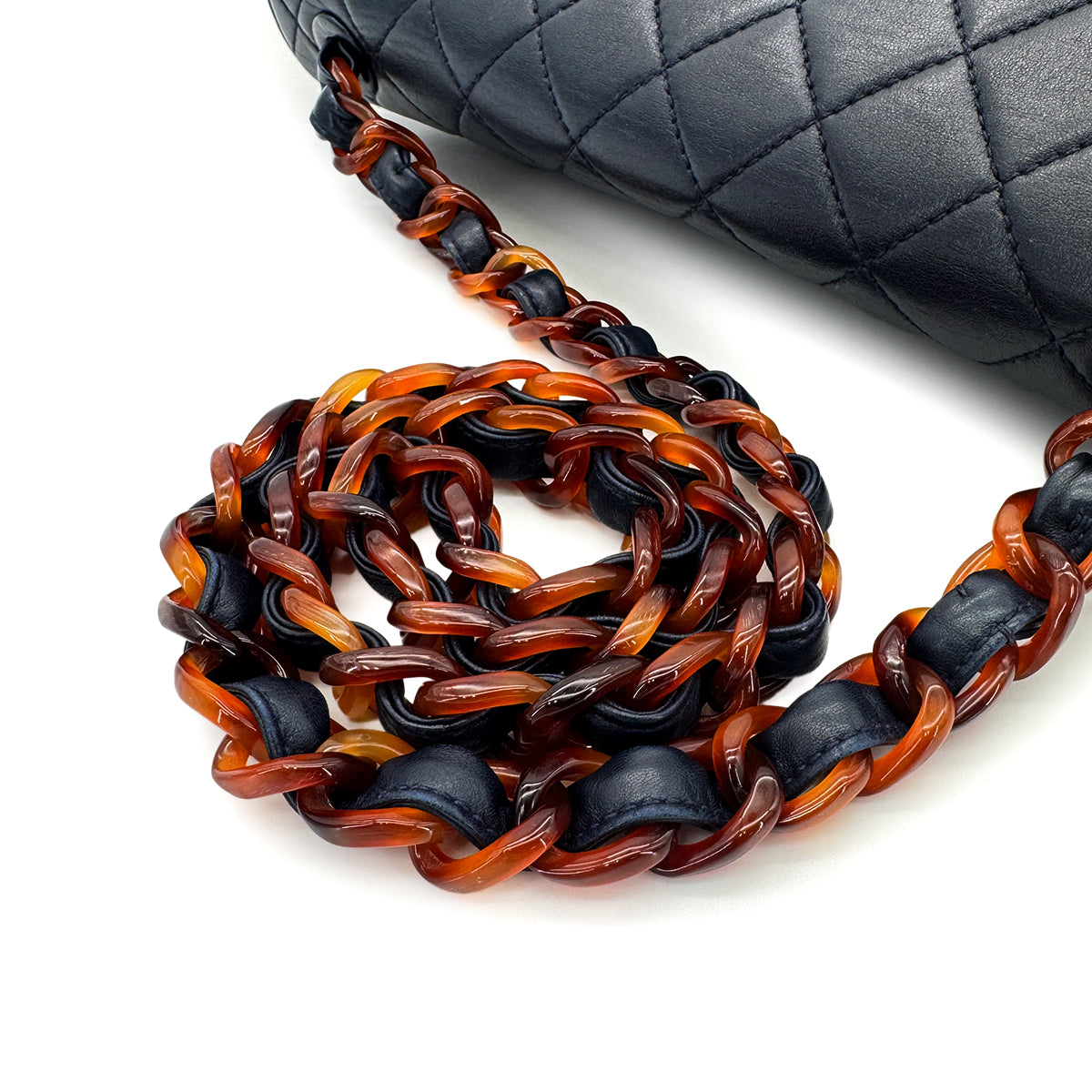 CHANEL VINTAGE MATELASSE TORTOISESHELL CHAIN SHOULDER BAG NAVY LAMB SKIN 90280642