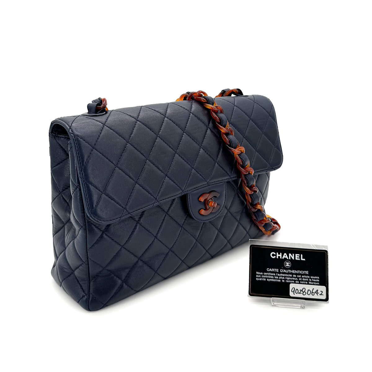 CHANEL VINTAGE MATELASSE TORTOISESHELL CHAIN SHOULDER BAG NAVY LAMB SKIN 90280642