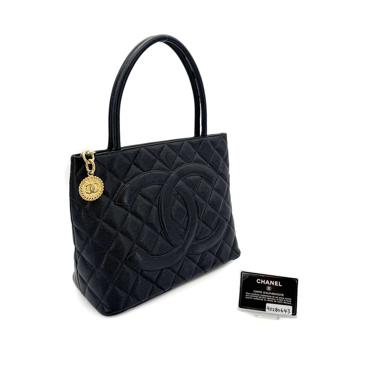 CHANEL VINTAGE MEDALLION TOTE BAG BLACK CAVIAR SKIN 90280643