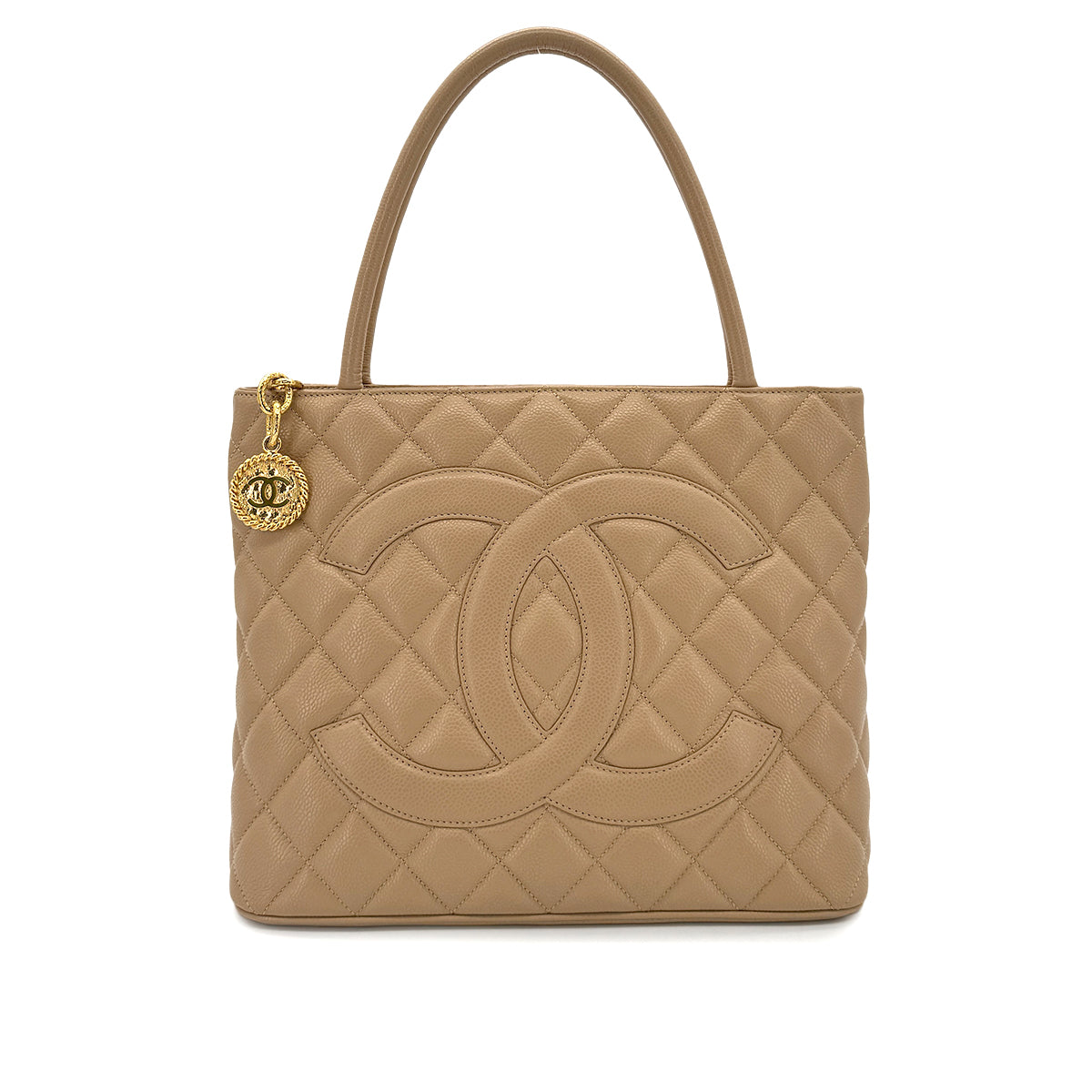 CHANEL VINTAGE MEDALLION TOTE BAG BEIGE CAVIAR SKIN 90280644