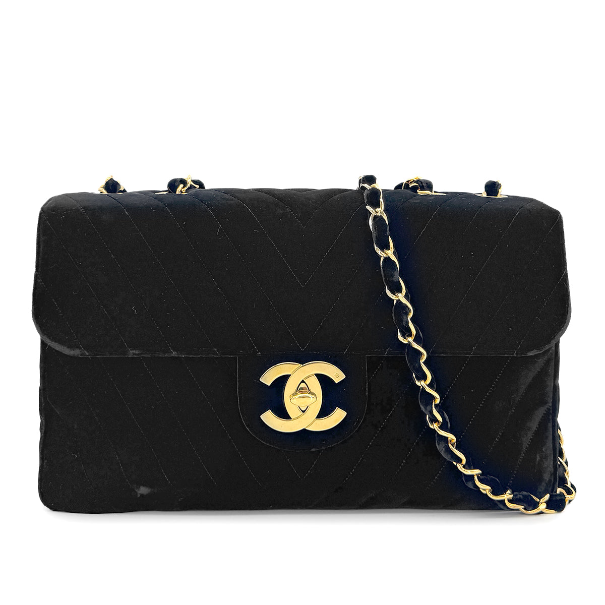 CHANEL VINTAGE CHEVRON CHAIN SHOULDER BAG BLACK VELOR 90280645