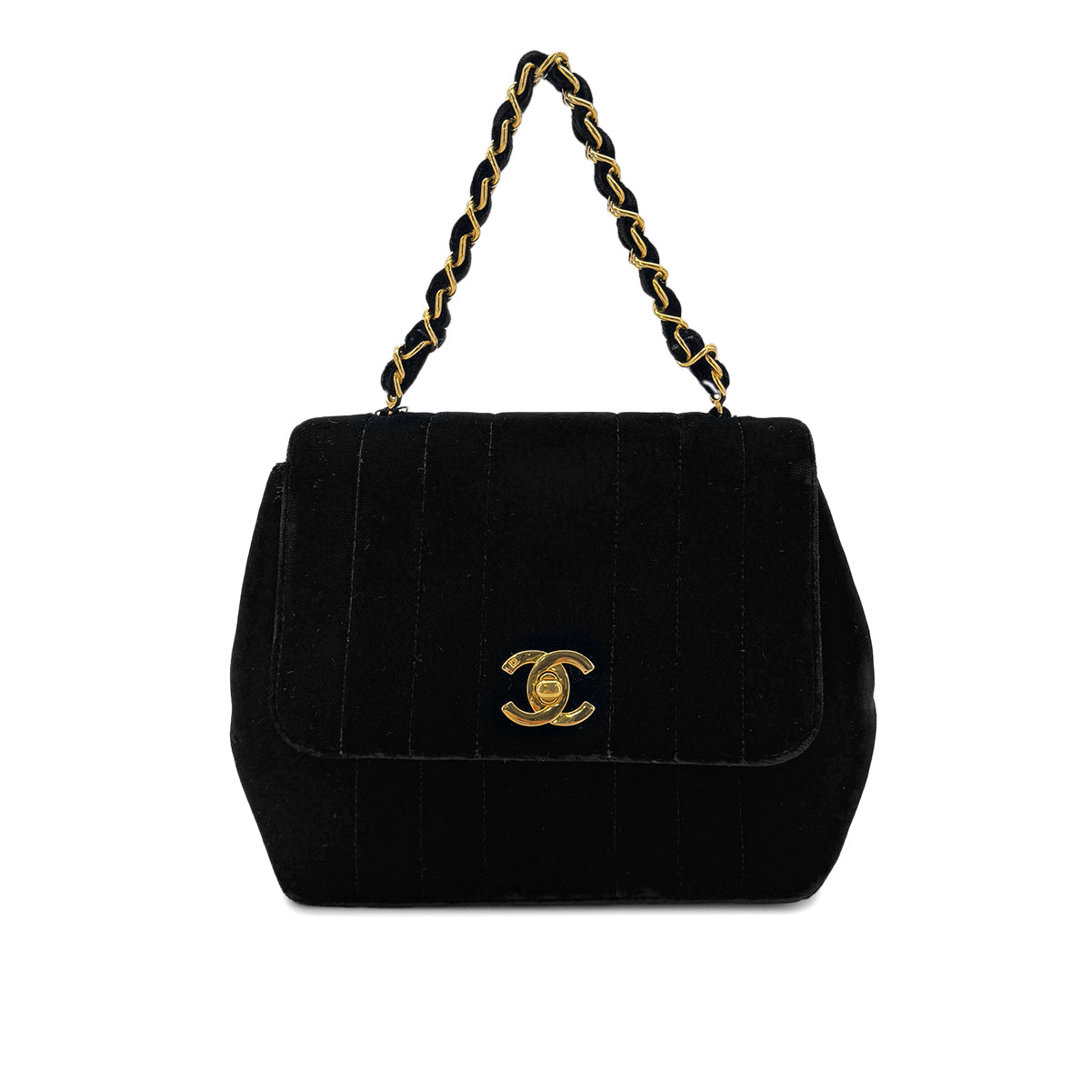 CHANEL VINTAGE DOUBLE CHAIN HAND BAG BLACK VELOUR 90280646