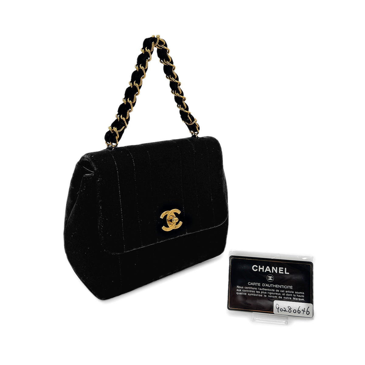 CHANEL VINTAGE DOUBLE CHAIN HAND BAG BLACK VELOUR 90280646