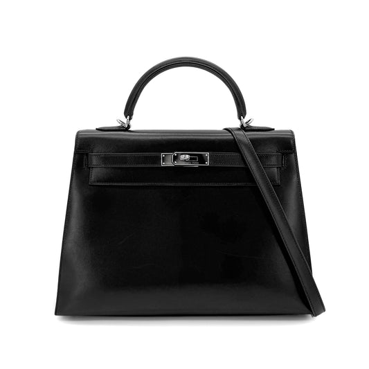 HERMES KELLY 32 SELLIER BLACK BOXCALF HAND SHOULDER BAG □J SHW 90280679