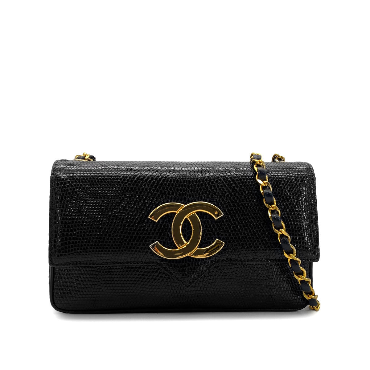 CHANEL VINTAGE BIG COCO CHAIN SHOULDER BAG BLACK LIZARD 90280696