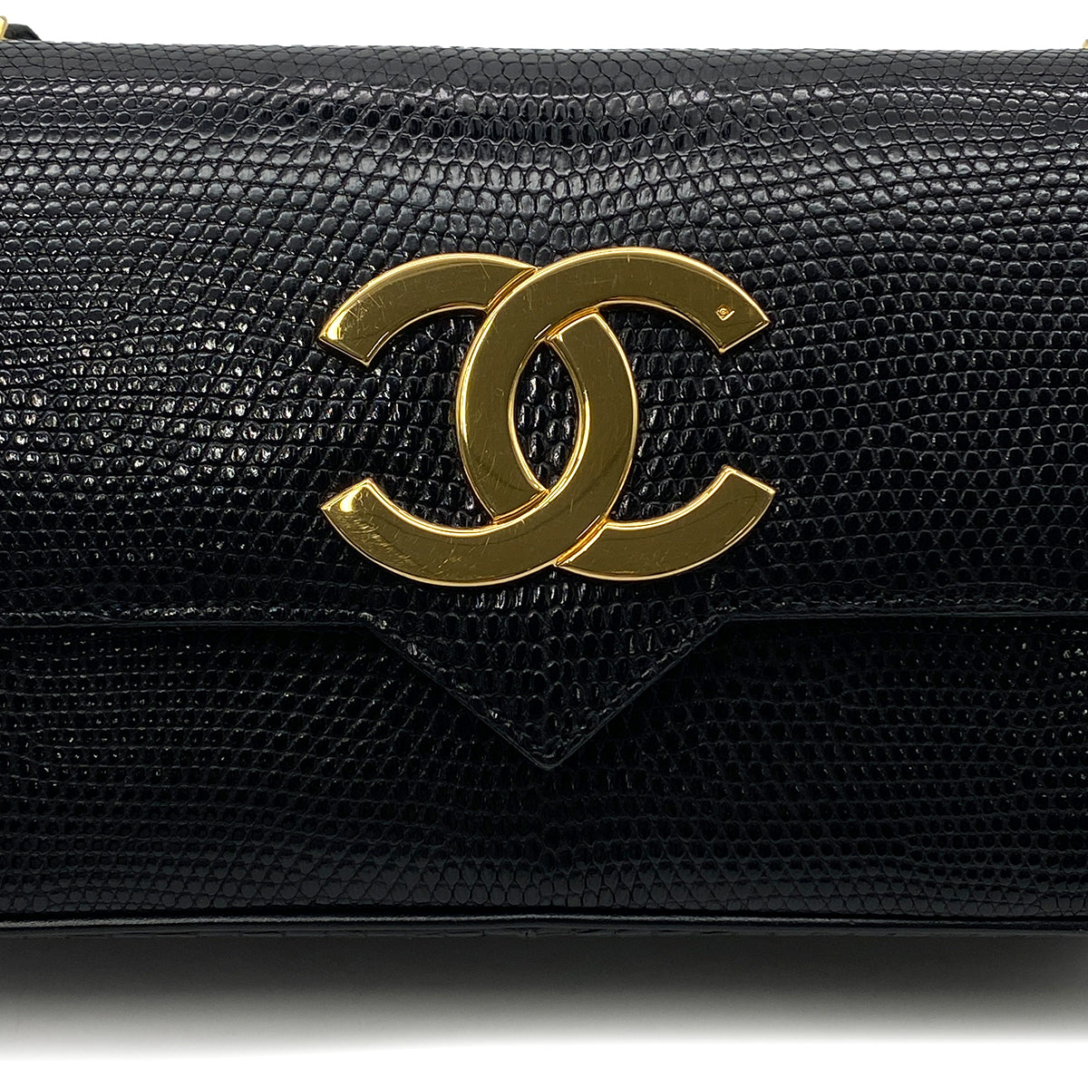 CHANEL VINTAGE BIG COCO CHAIN SHOULDER BAG BLACK LIZARD 90280696