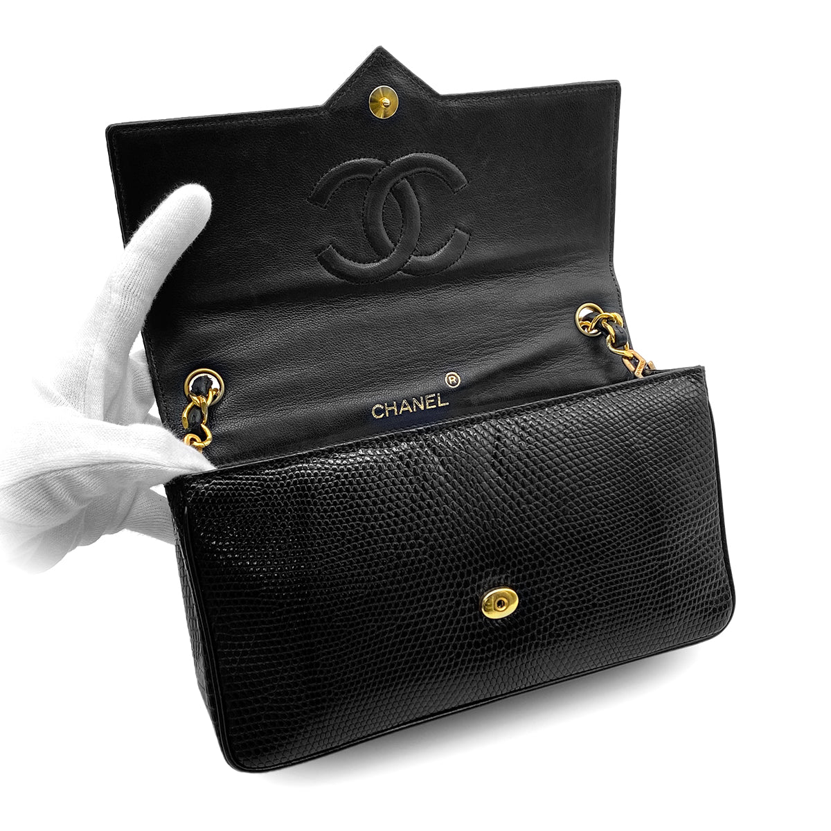 CHANEL VINTAGE BIG COCO CHAIN SHOULDER BAG BLACK LIZARD 90280696