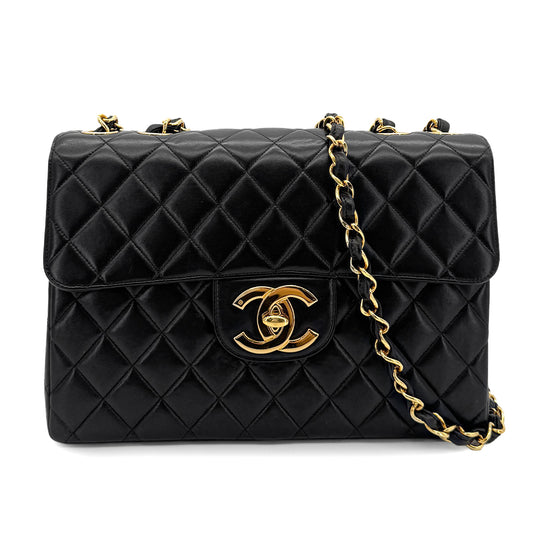 CHANEL VINTAGE JUMBO MATELASSE 30 CHAIN SHOULDER BAG BLACK LAMB SKIN 90280707
