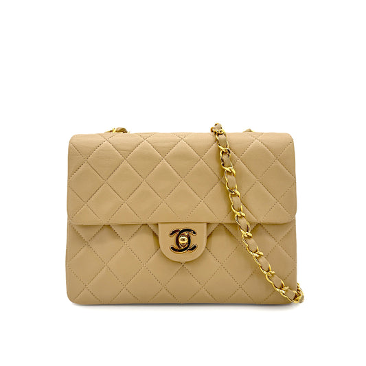 CHANEL VINTAGE MINI SQUARE 20 CHAIN SHOULDER BAG BEIGE LAMB SKIN 90280708