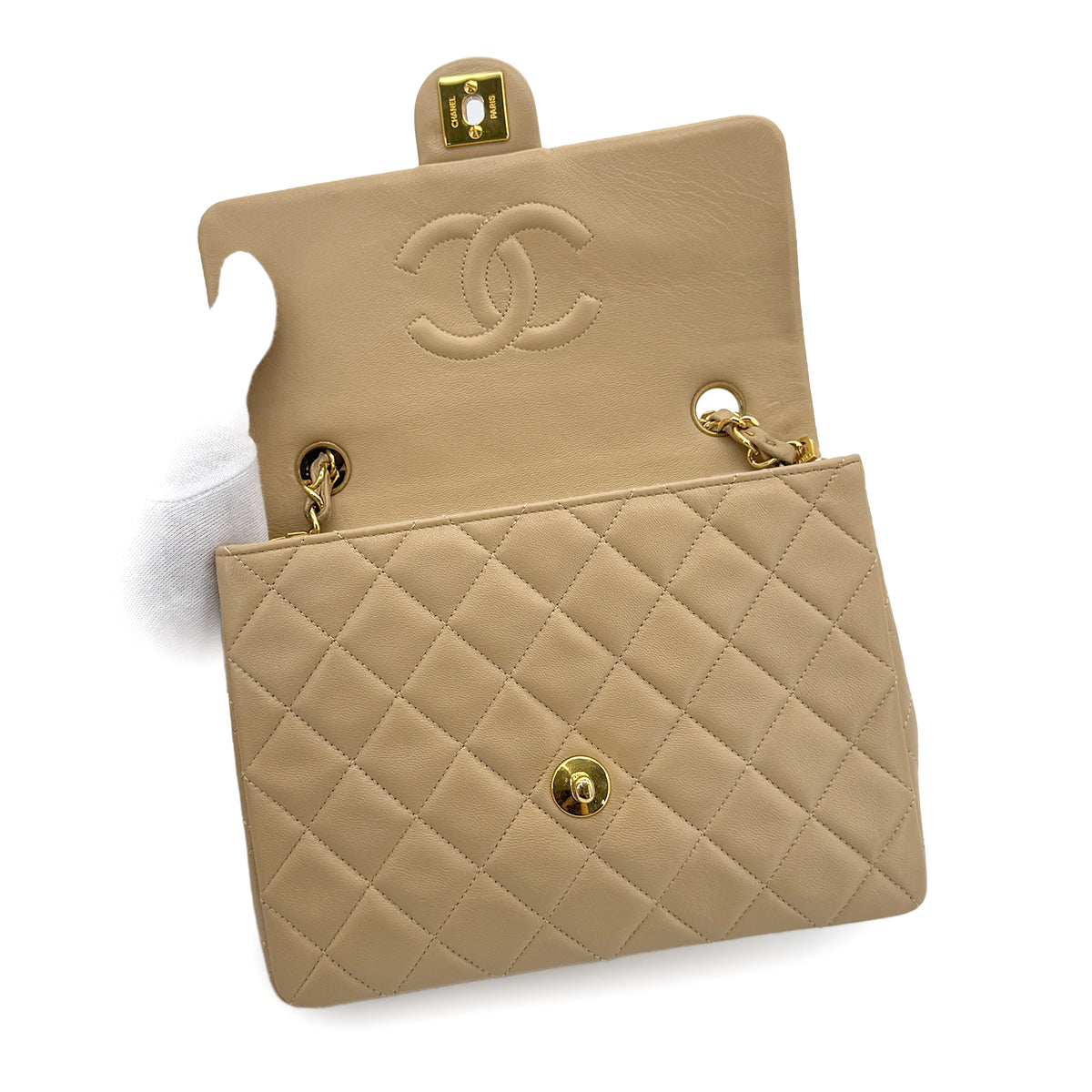 CHANEL VINTAGE MINI SQUARE 20 CHAIN SHOULDER BAG BEIGE LAMB SKIN 90280708
