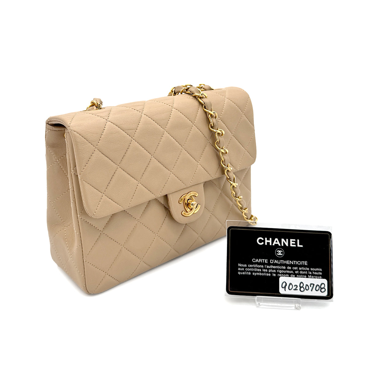 CHANEL VINTAGE MINI SQUARE 20 CHAIN SHOULDER BAG BEIGE LAMB SKIN 90280708