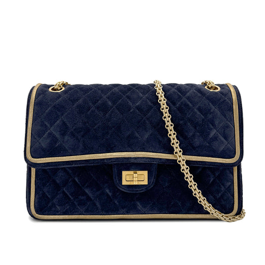 CHANEL 2.55 BIJOU CHAIN SHOULDER BAG NAVY GOLD SUEDE 90280713