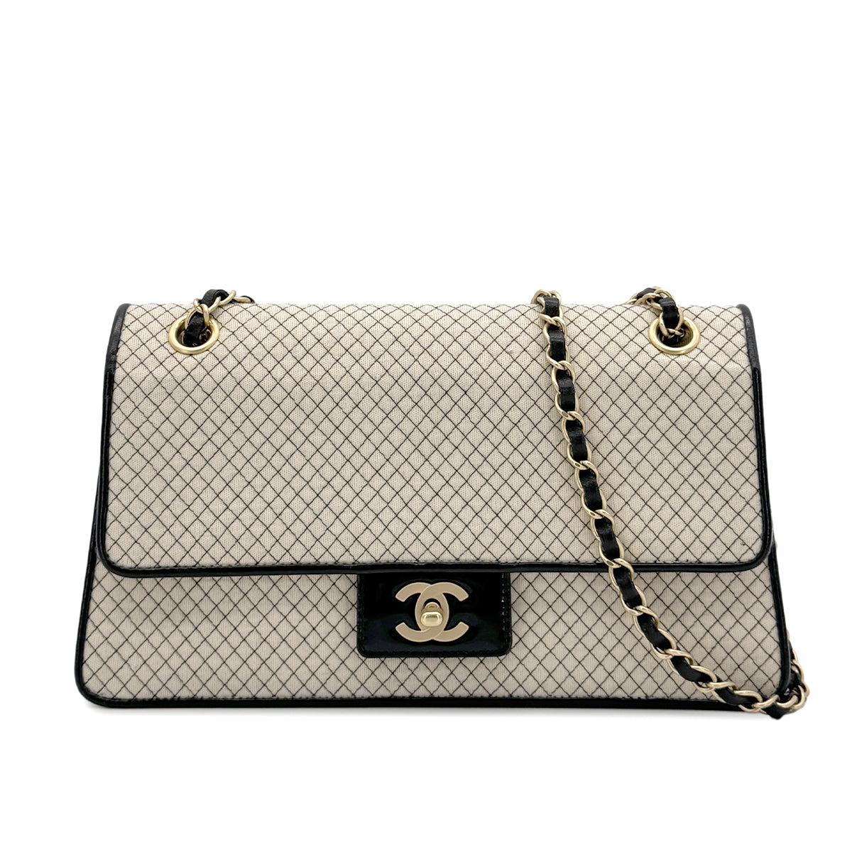 CHANEL VINTAGE MICRO QUILTED CHAIN SHOULDER BAG BEIGE BLACK CANVAS ENAMEL 90280714