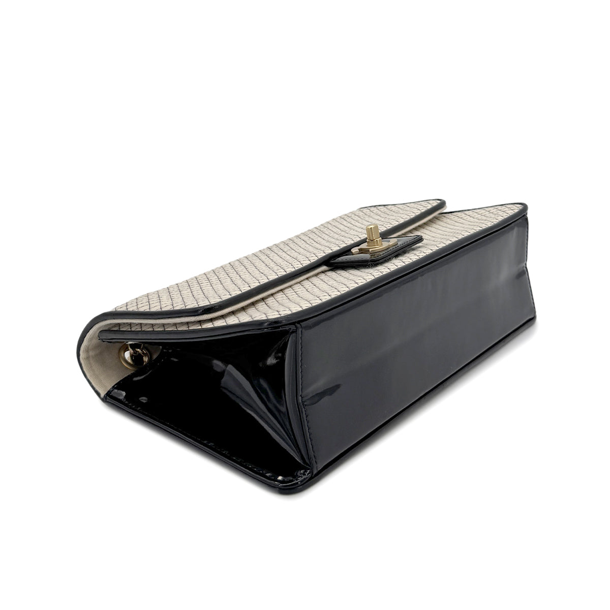 CHANEL VINTAGE MICRO QUILTED CHAIN SHOULDER BAG BEIGE BLACK CANVAS ENAMEL 90280714