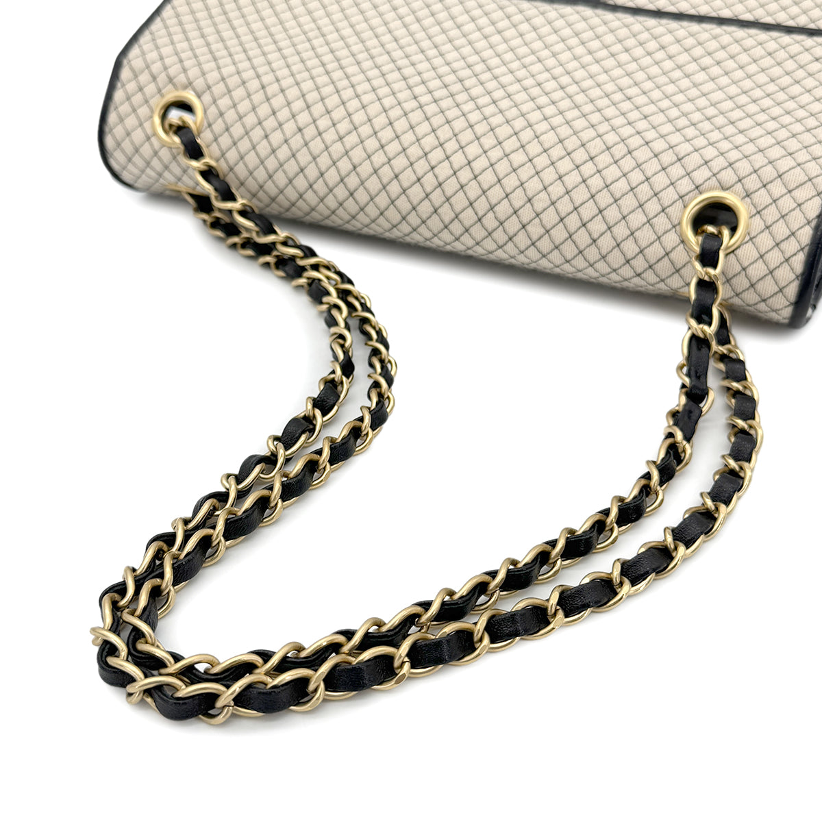 CHANEL VINTAGE MICRO QUILTED CHAIN SHOULDER BAG BEIGE BLACK CANVAS ENAMEL 90280714
