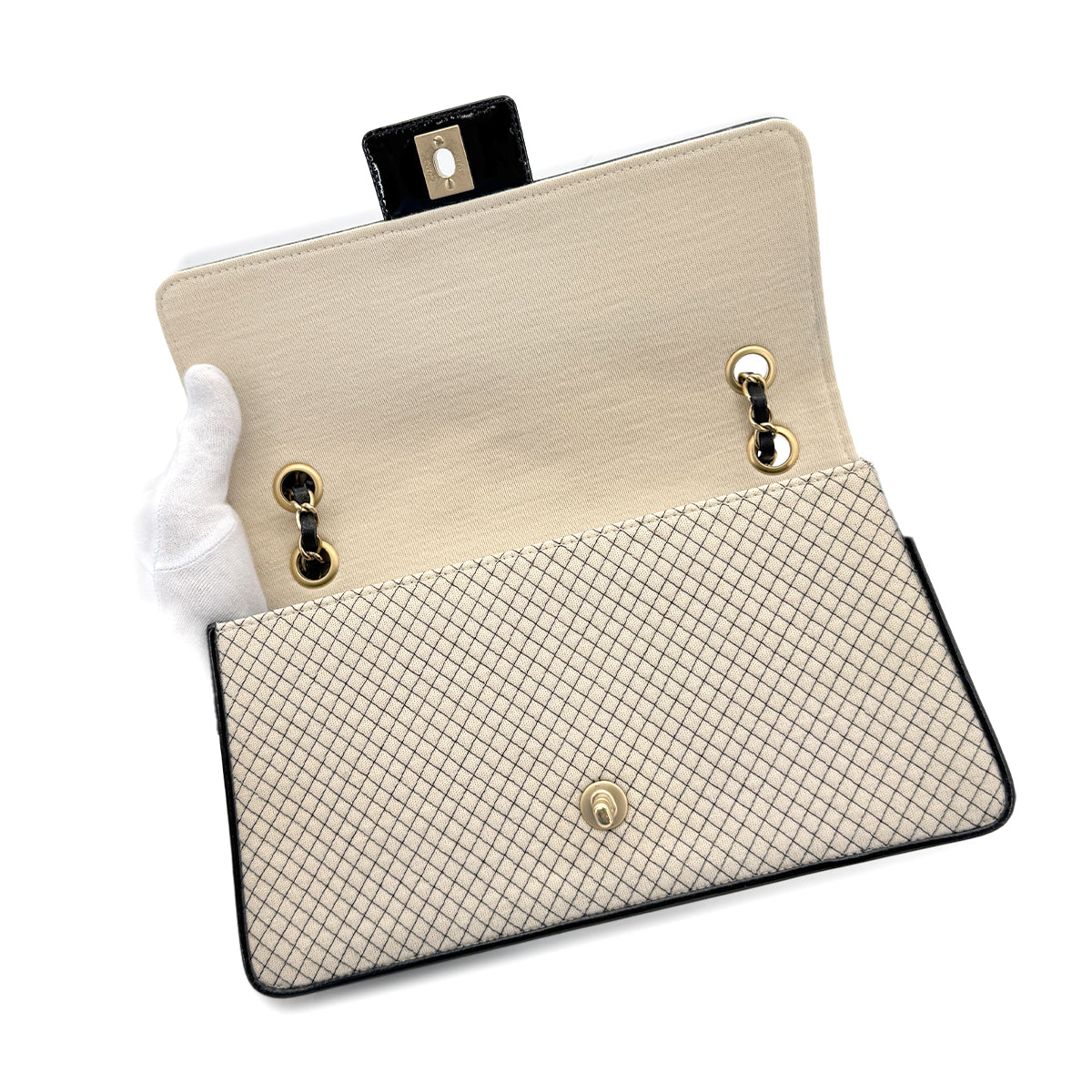 CHANEL VINTAGE MICRO QUILTED CHAIN SHOULDER BAG BEIGE BLACK CANVAS ENAMEL 90280714