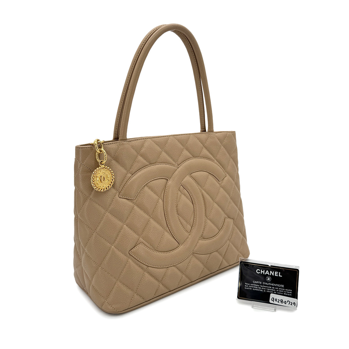 CHANEL VINTAGE MEDALLION TOTE BAG BEIGE CAVIAR SKIN 90280727