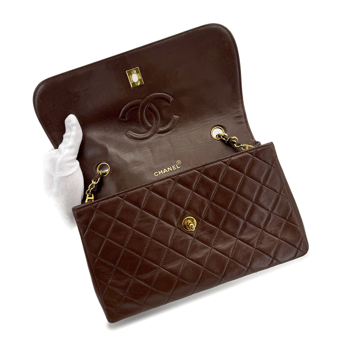 CHANEL VINTAGE MATELASSE CHAIN SHOULDER BAG BROWN LAMB SKIN 90281178