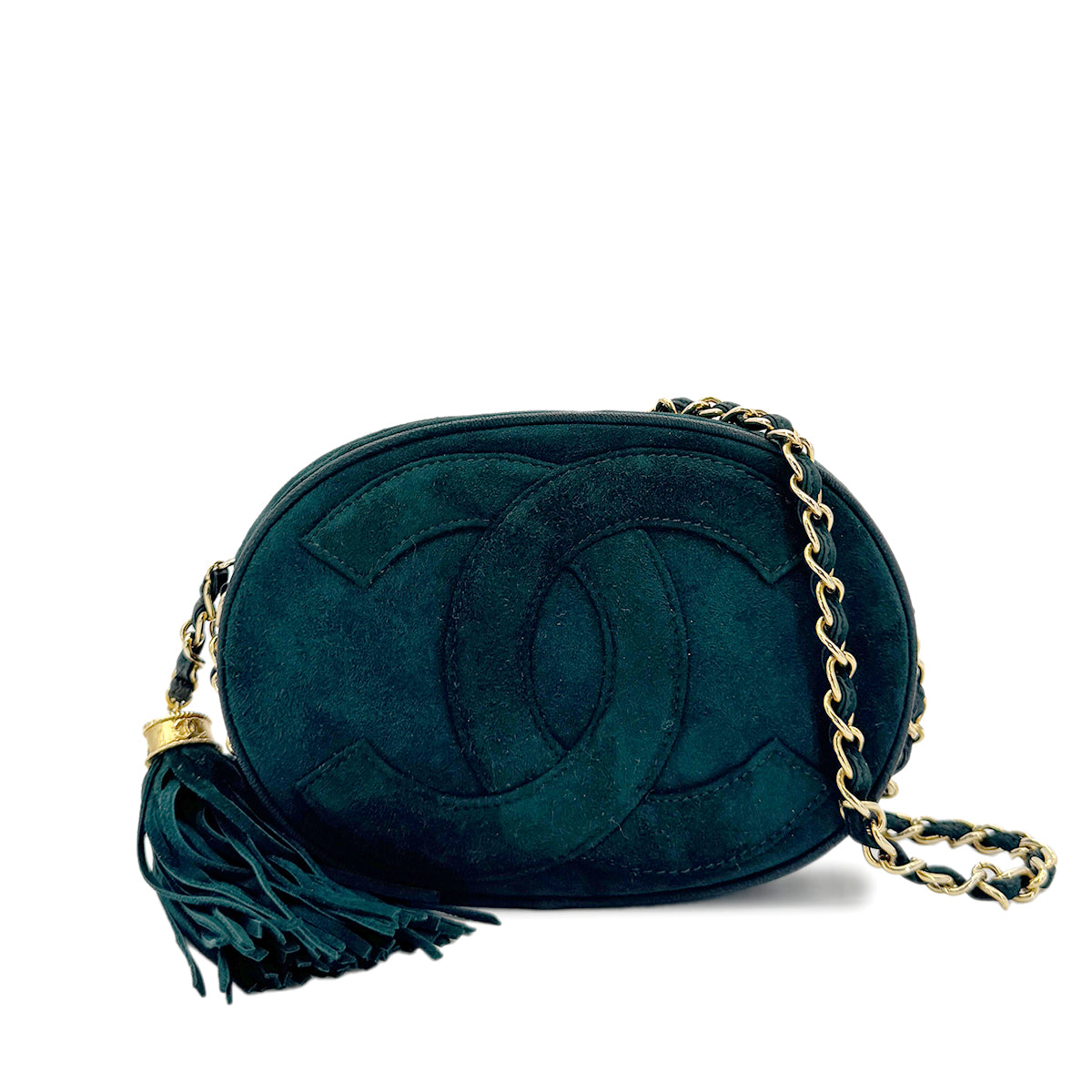 CHANEL VINTAGE COCOMARK FRINGE CHAIN SHOULDER BAG GREEN SUEDE 90281233
