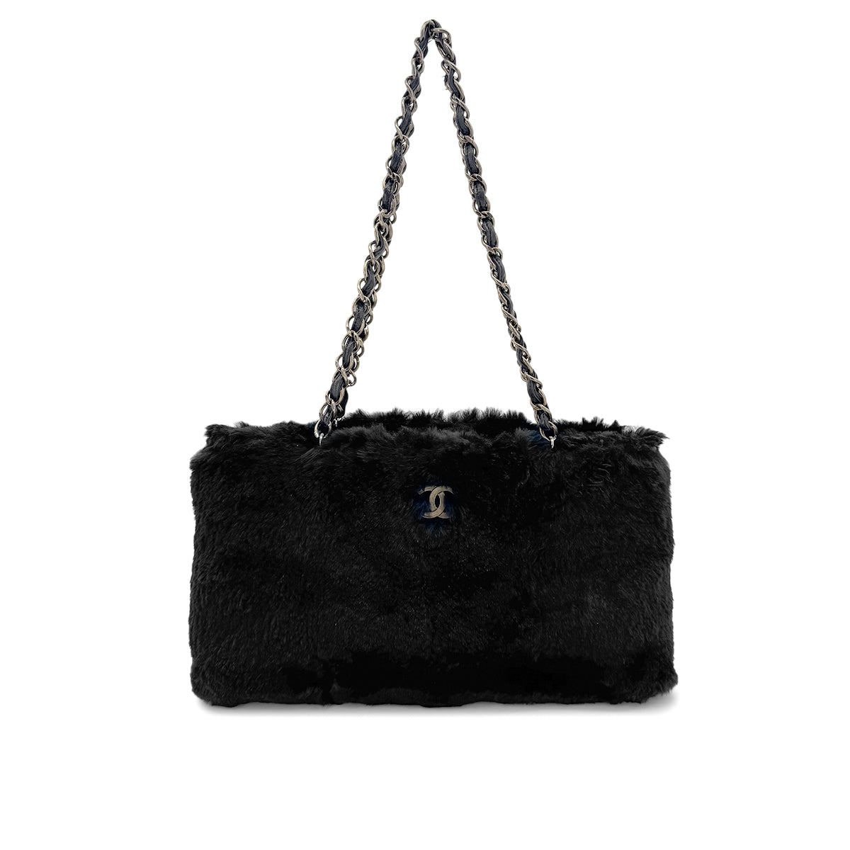 CHANEL VINTAGE CHAIN SHOULDER BAG BLACK FUR LEATHER 90281236