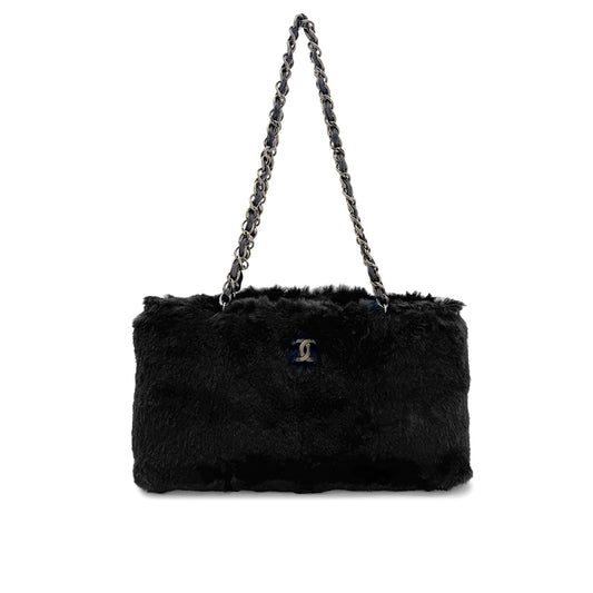 CHANEL VINTAGE CHAIN SHOULDER BAG BLACK FUR LEATHER 90281236