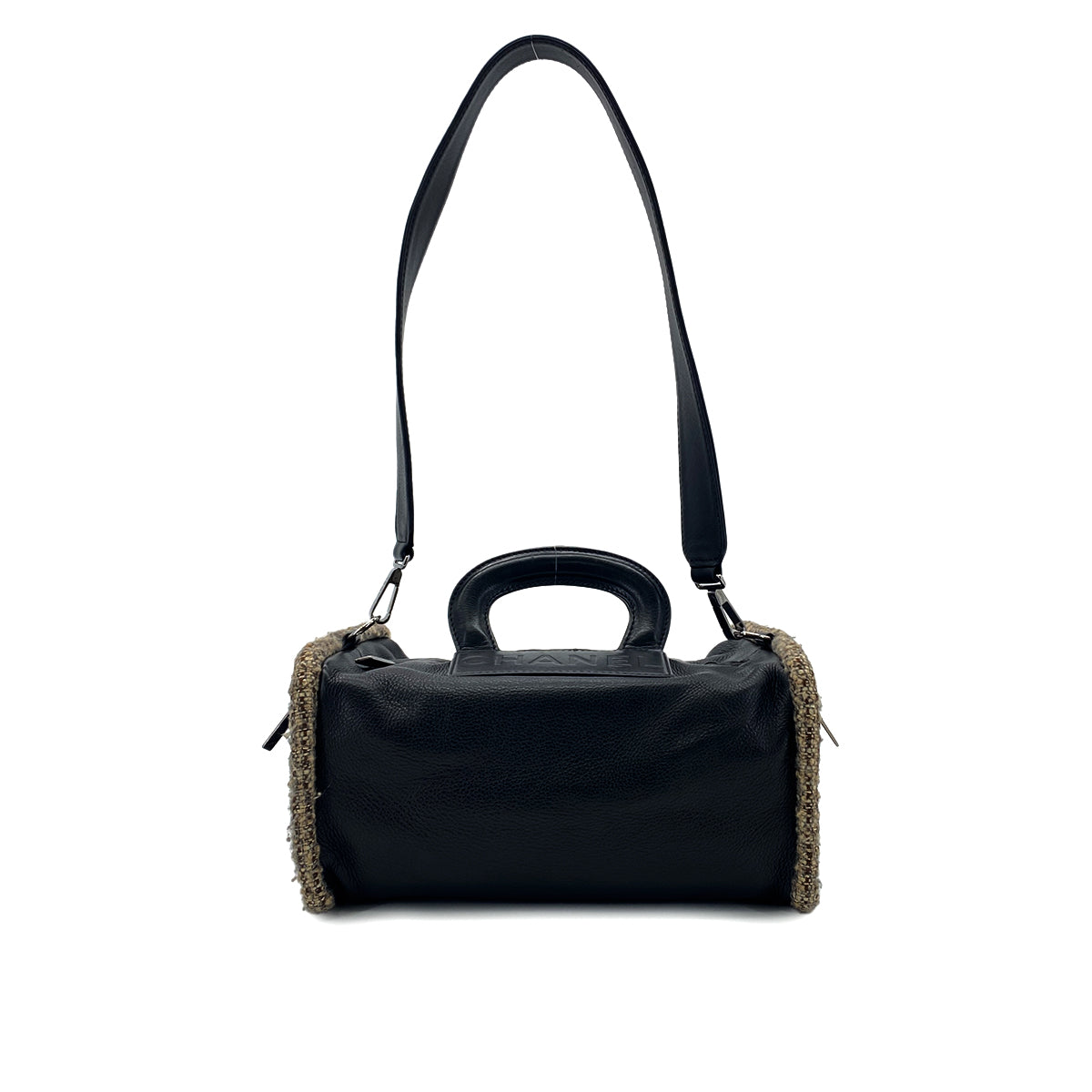 CHANEL VINTAGE LOGO 2WAY SHOULDER BAG BLACK TWEED LAMB SKIN 90281237