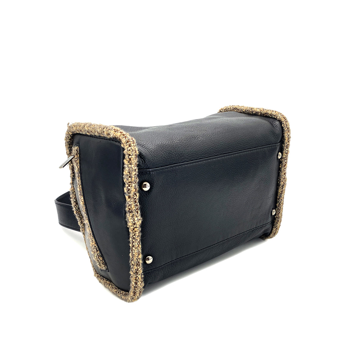 CHANEL VINTAGE LOGO 2WAY SHOULDER BAG BLACK TWEED LAMB SKIN 90281237