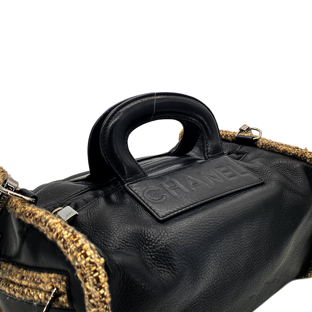 CHANEL VINTAGE LOGO 2WAY SHOULDER BAG BLACK TWEED LAMB SKIN 90281237