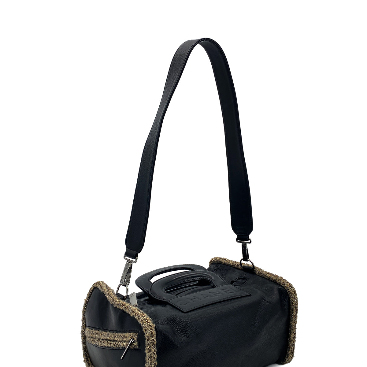 CHANEL VINTAGE LOGO 2WAY SHOULDER BAG BLACK TWEED LAMB SKIN 90281237