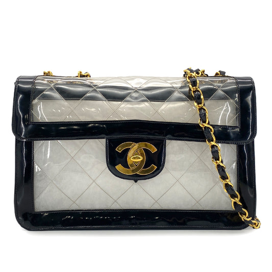 CHANEL VINTAGE BIG COCO CLEAR CHAIN SHOULDER BAG BLACK VINYL 90281238