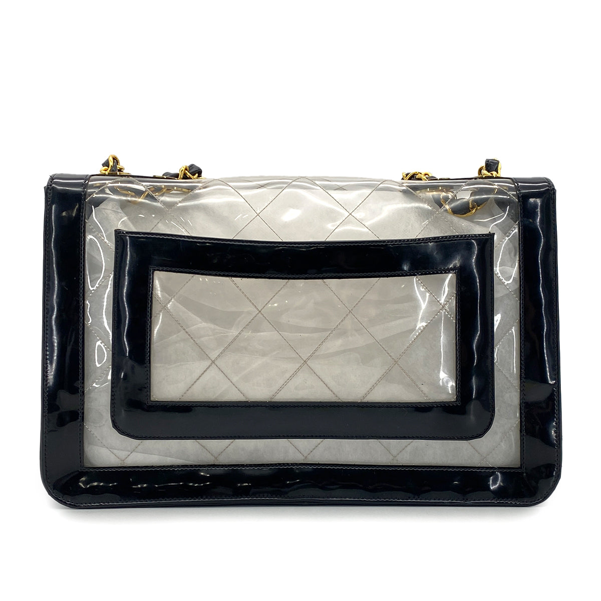 CHANEL VINTAGE BIG COCO CLEAR CHAIN SHOULDER BAG BLACK VINYL 90281238