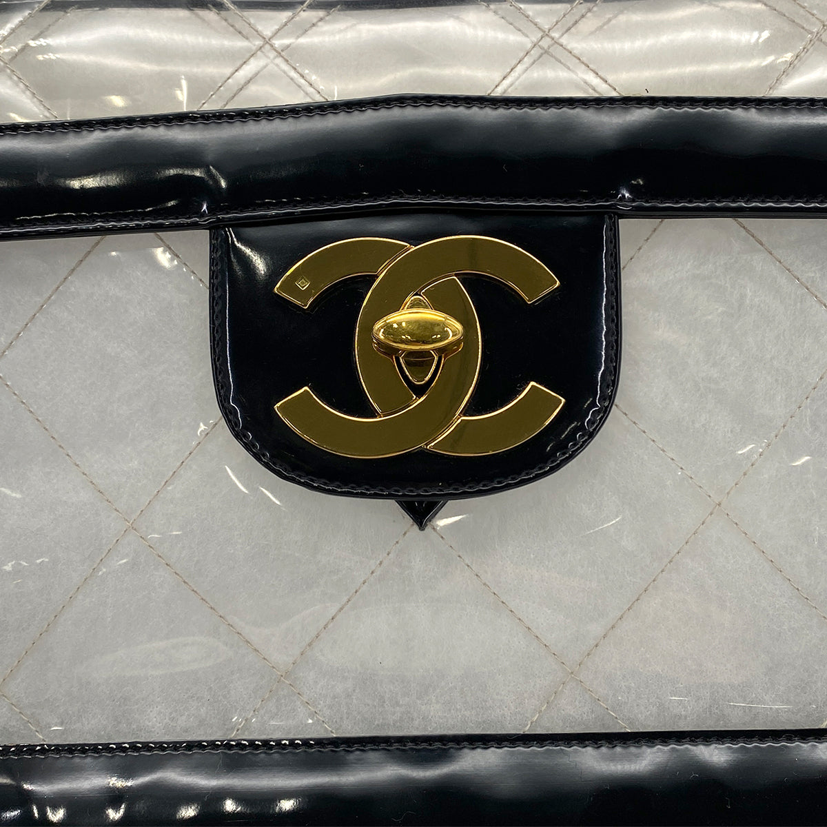 CHANEL VINTAGE BIG COCO CLEAR CHAIN SHOULDER BAG BLACK VINYL 90281238