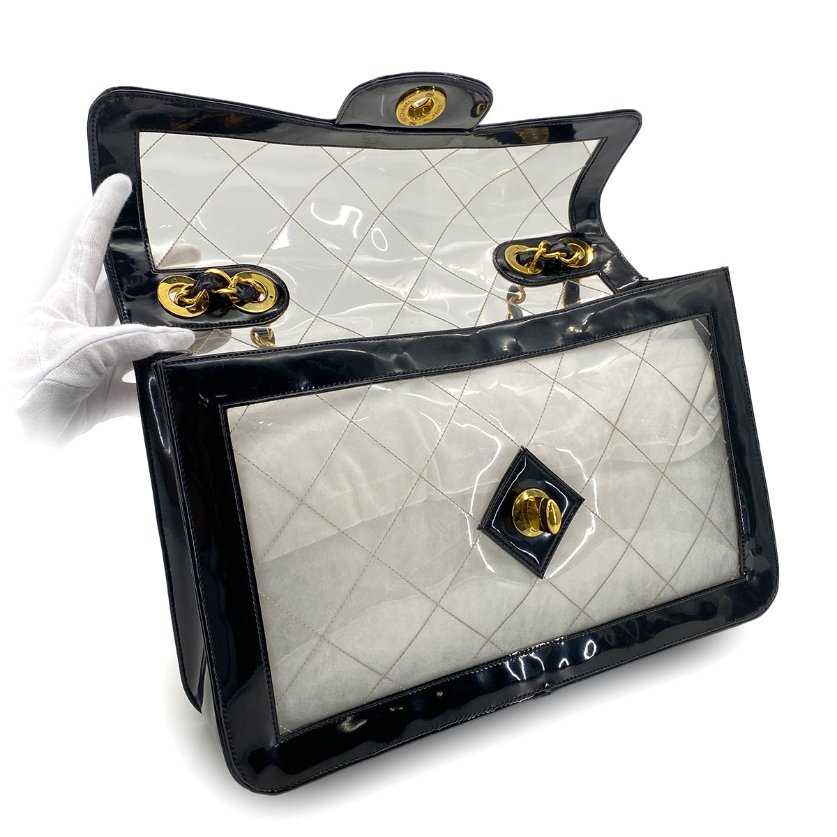 CHANEL VINTAGE BIG COCO CLEAR CHAIN SHOULDER BAG BLACK VINYL 90281238