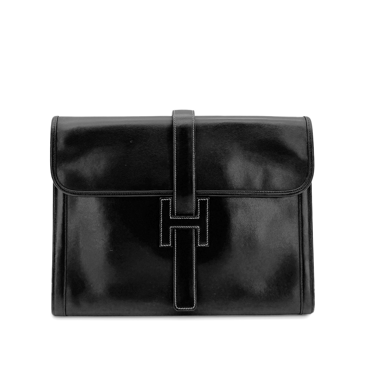 HERMES JIGE GM BLACK BOXCALF CLUTCH BAG 〇Z 90281239