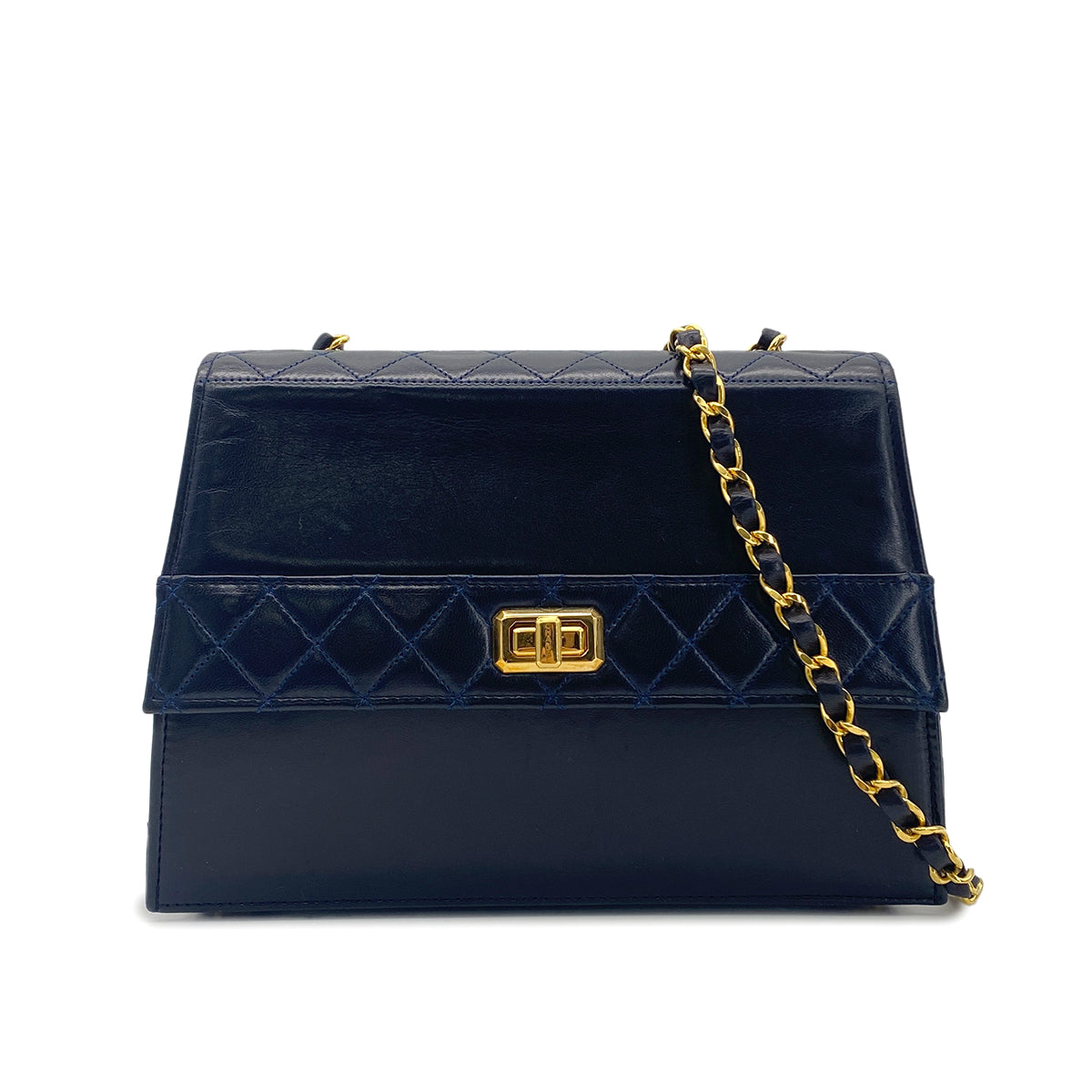CHANEL VINTAGE MATELASSE CHAIN SHOULDER BAG NAVY LAMB SKIN 90281241