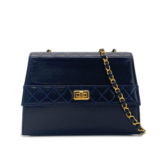 CHANEL VINTAGE MATELASSE CHAIN SHOULDER BAG NAVY LAMB SKIN 90281241
