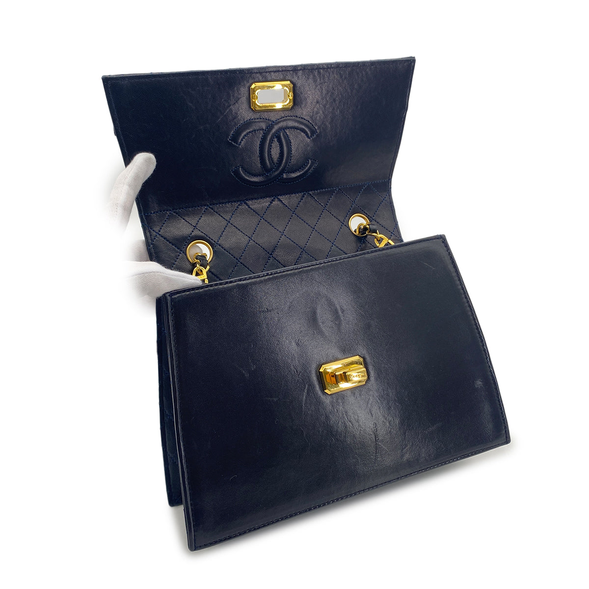 CHANEL VINTAGE MATELASSE CHAIN SHOULDER BAG NAVY LAMB SKIN 90281241