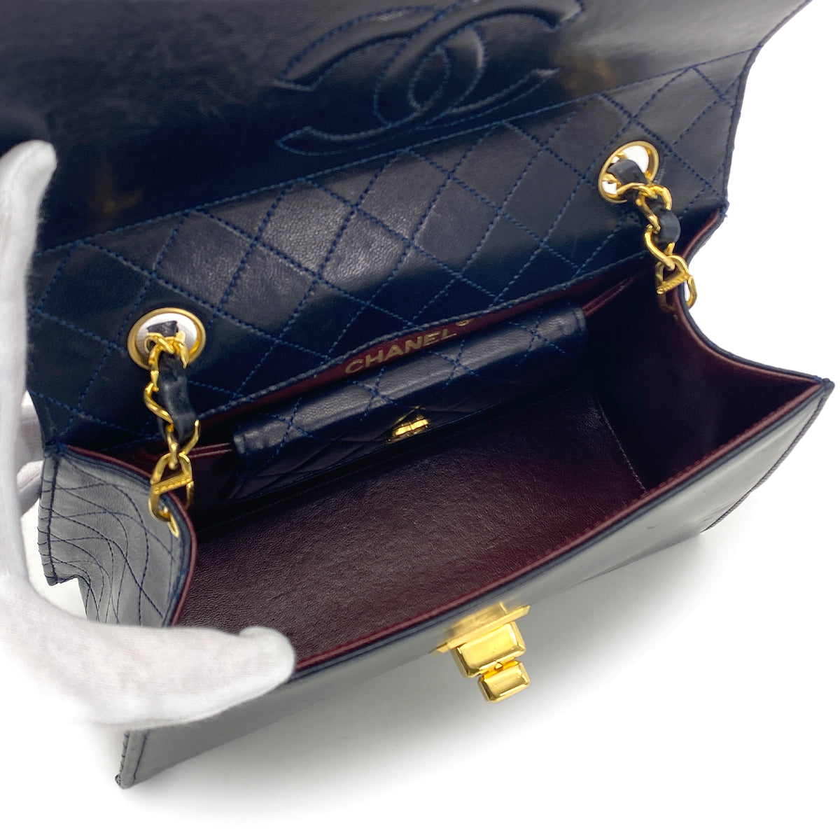 CHANEL VINTAGE MATELASSE CHAIN SHOULDER BAG NAVY LAMB SKIN 90281241