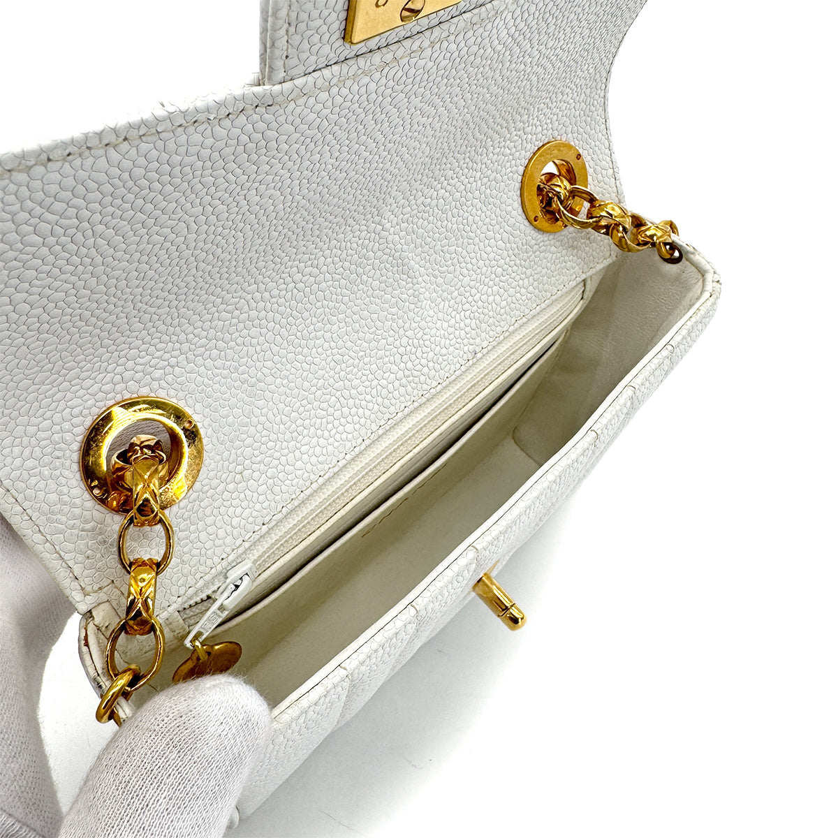 CHANEL VINTAGE MADEMOISELLE BIJOU CHAIN SHOULDER BAG WHITE CAVIAR SKIN 90281244