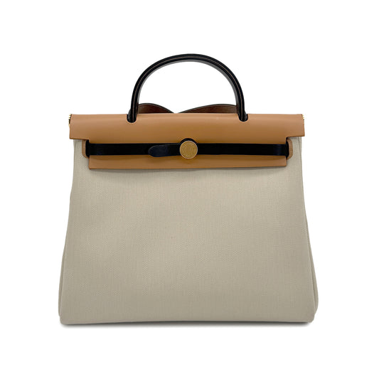 HERMES HER BAG ZIP PM 31 BETON EBENE NATUREL SABLE BLACK VACHE HUNTER TOILE MILITAIRE TOTE SHOULDER BAG B 90281247