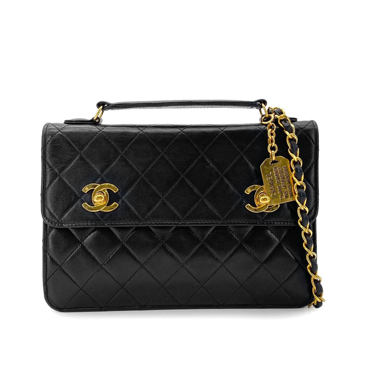 CHANEL VINTAGE DOUBLE TURN LOCK CHAIN SHOULDER BAG BLACK LAMB SKIN 90281249