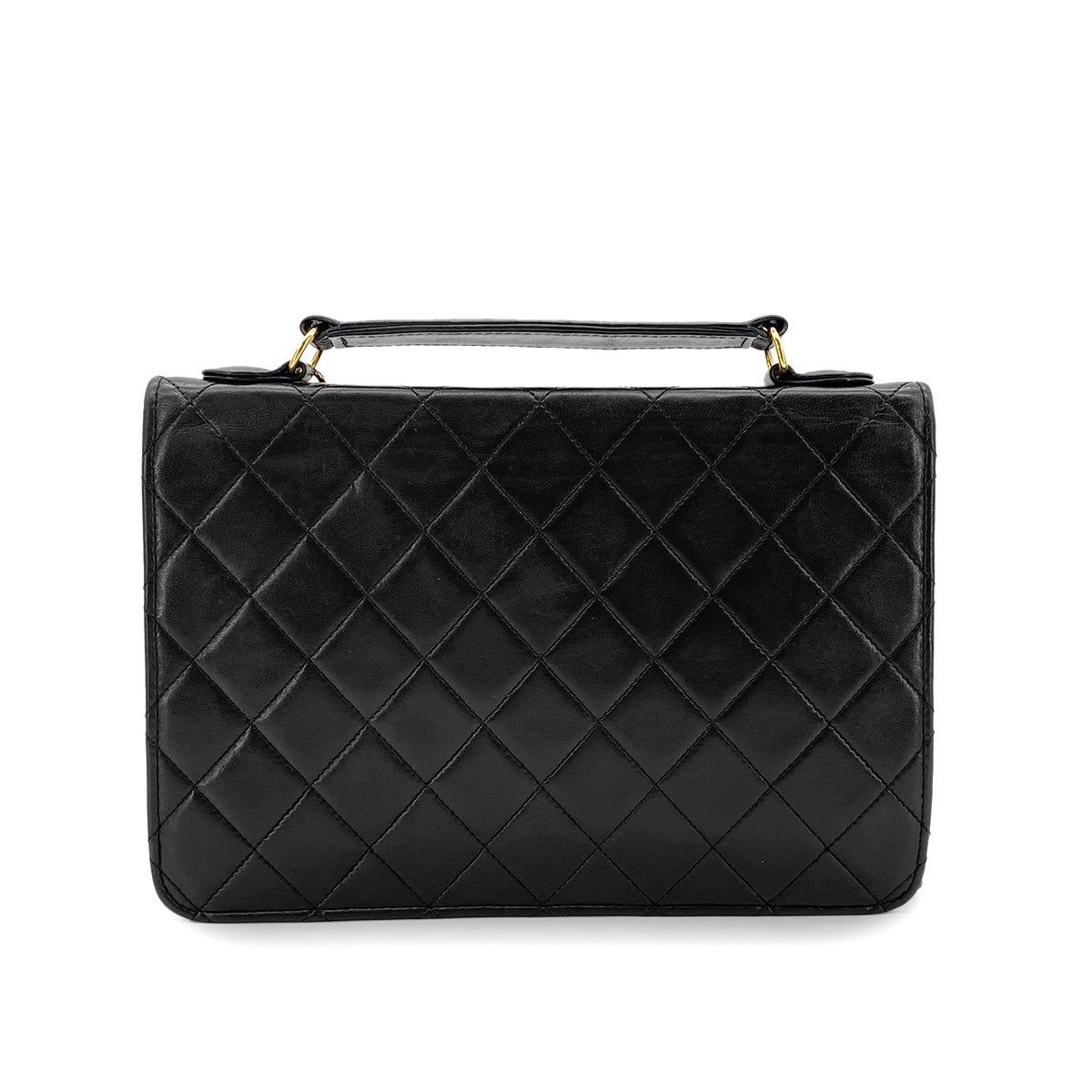 CHANEL VINTAGE DOUBLE TURN LOCK CHAIN SHOULDER BAG BLACK LAMB SKIN 90281249