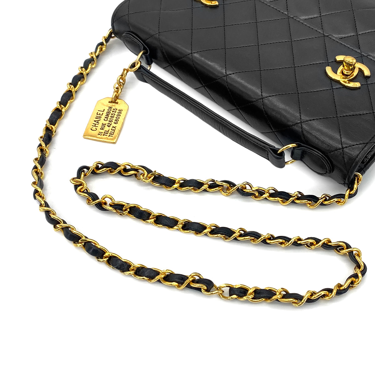 CHANEL VINTAGE DOUBLE TURN LOCK CHAIN SHOULDER BAG BLACK LAMB SKIN 90281249