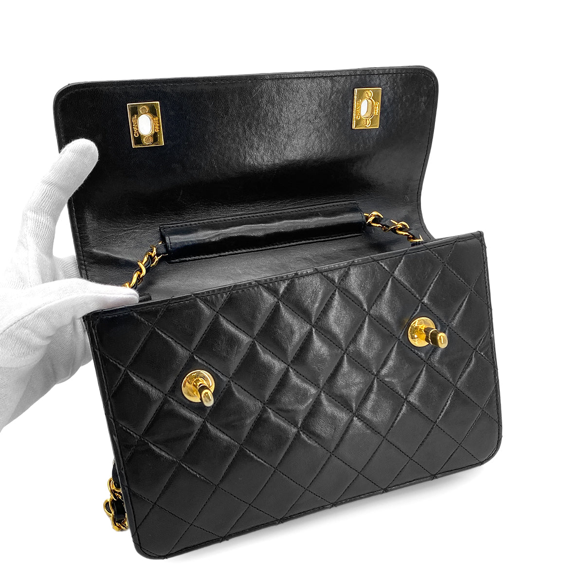 CHANEL VINTAGE DOUBLE TURN LOCK CHAIN SHOULDER BAG BLACK LAMB SKIN 90281249