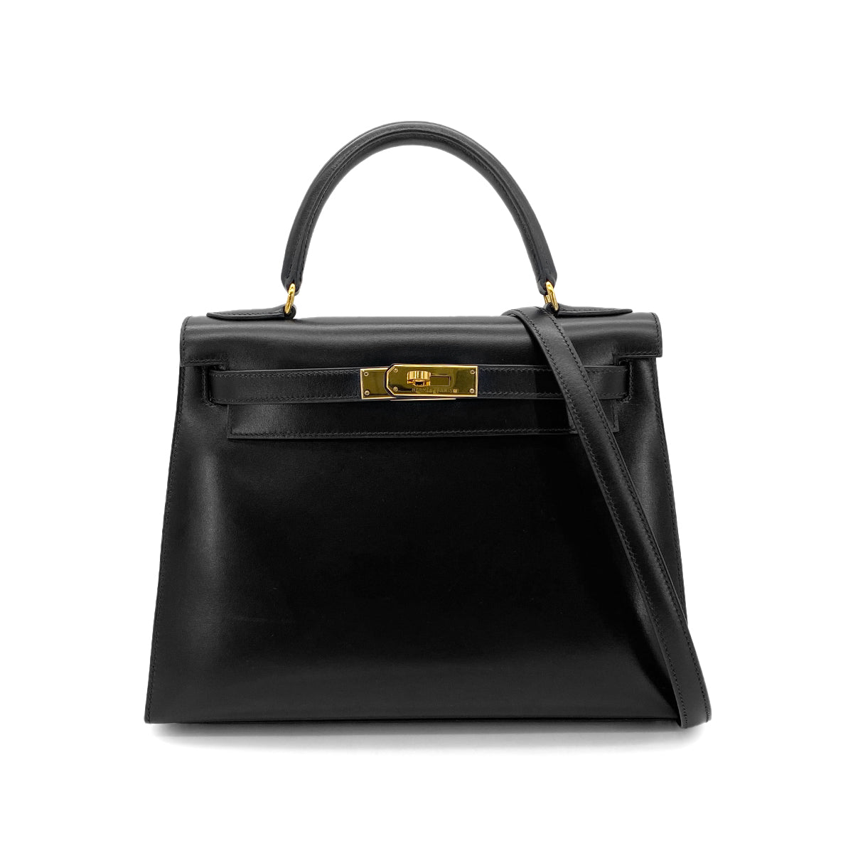 HERMES KELLY 28 SELLIER BLACK BOXCALF HAND SHOULDER BAG □C GHW 90281407