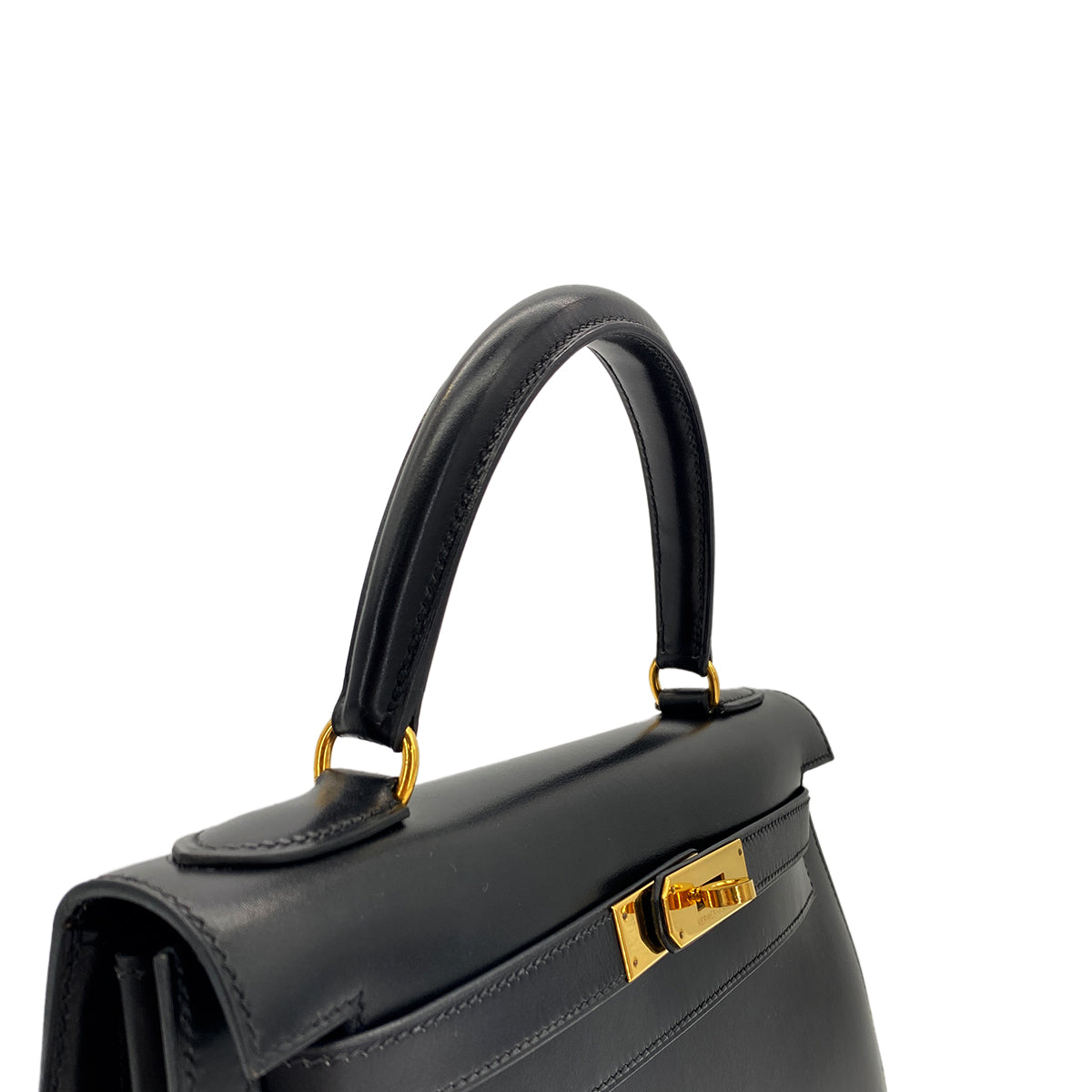 HERMES KELLY 28 SELLIER BLACK BOXCALF HAND SHOULDER BAG □C GHW 90281407