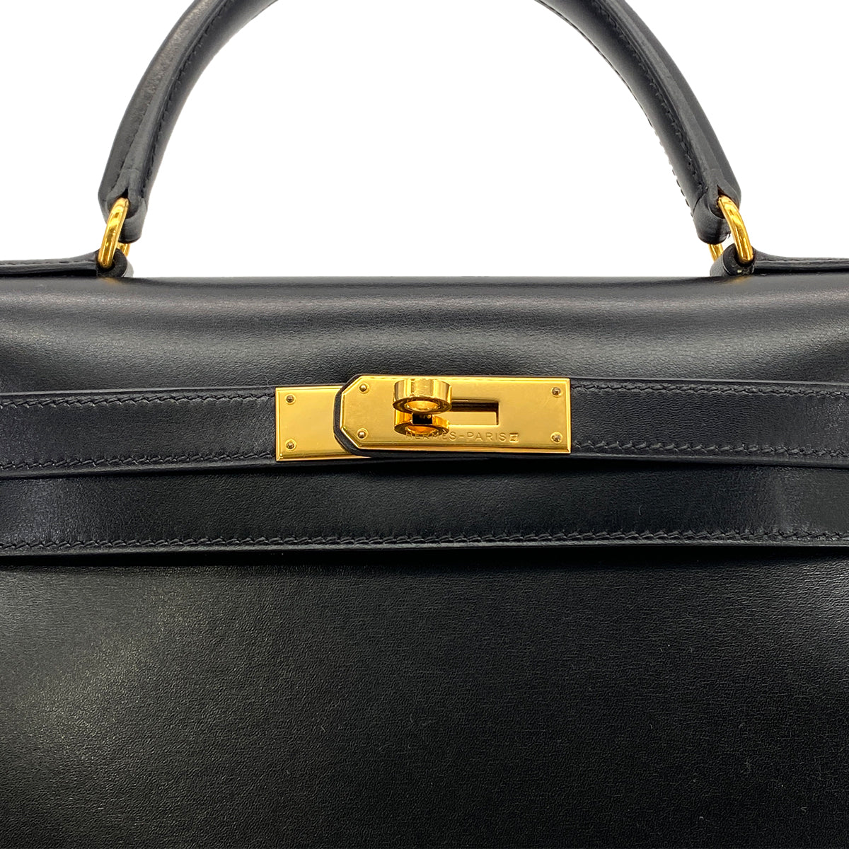HERMES KELLY 28 SELLIER BLACK BOXCALF HAND SHOULDER BAG □C GHW 90281407