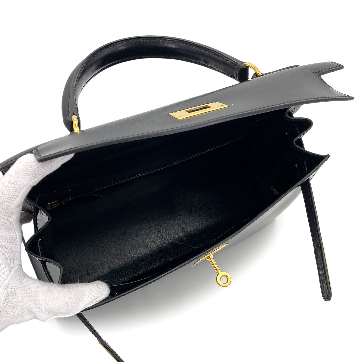 HERMES KELLY 28 SELLIER BLACK BOXCALF HAND SHOULDER BAG □C GHW 90281407