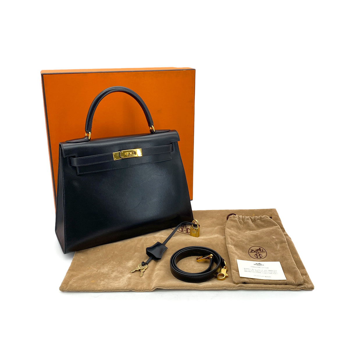 HERMES KELLY 28 SELLIER BLACK BOXCALF HAND SHOULDER BAG □C GHW 90281407